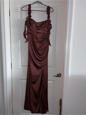 Azazie Chocolate Brown Satin Ruffled Maxi Dress